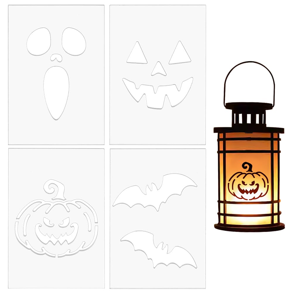 BENECREAT 4 plantillas de farolillo acrílico con diseño de calabaza murciélago para manualidades, patchwork, costura, 20,3 x 14 cm