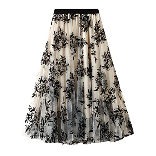 Dirholl Women's A-Line Fairy Patterned Elastic Waist Ruffle Tulle Layered Midi Skirt