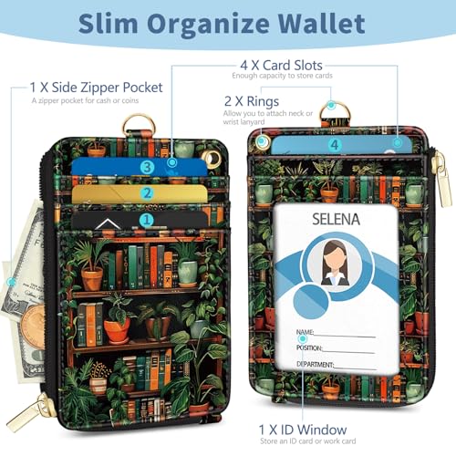 Lanyard Wallet with Id Badge Holder, Bookshelf RFID Small Keychain Wallet Women Wristlet, Cute Zipper Credit Card Holder Phone Wrist Neck Strap for Key Name Tag, Teacher Student Office Gifts