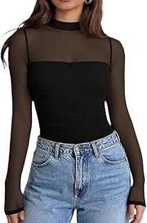 Womens Long Sleeve Bodysuit Mesh Mock Neck See Through Lace Long sleeve Bodycon Bodysuit Going Out Sexy Fall Fashion
