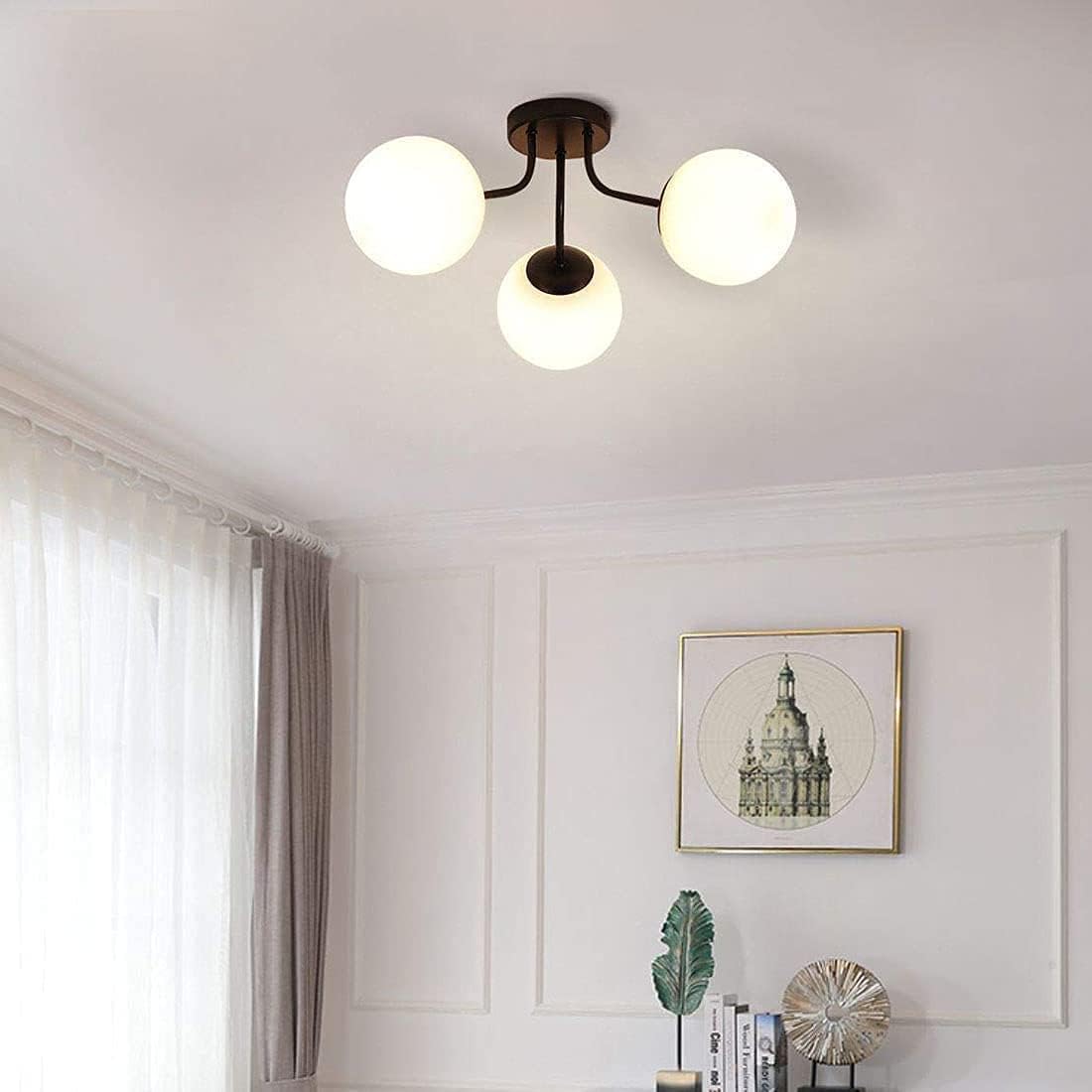 3-Head Ceiling Lamp Chandelier Modern Sputnik Ceiling Light Semi Flush Mount Mid Century Living Room Lighting E27 Frosted Glass Globe Lampshade Ceiling Lamps Fixtures/Glass/Tricolor Light