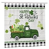 FJTP St. Patrick’s Day Shower Curtain 72x72 Inch, Green Truck Shamrock Clover Buffalo Plaid Waterproof Polyester Bathroom Curtain with Hooks, Machine Washable St Patrick’s Day Shower Curtain Decor
