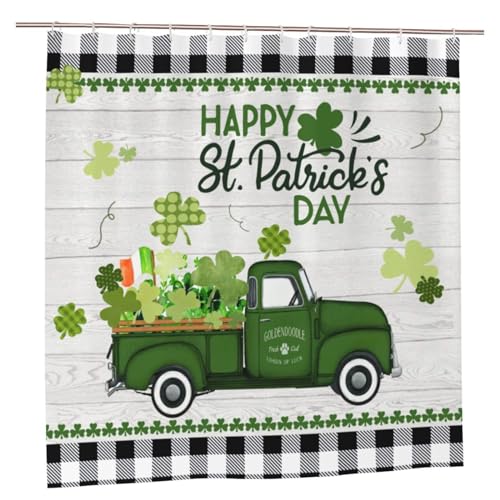 FJTP St. Patrick’s Day Shower Curtain 72x72 Inch, Green Truck Shamrock Clover Buffalo Plaid Waterproof Polyester Bathroom Curtain with Hooks, Machine Washable St Patrick’s Day Shower Curtain Decor
