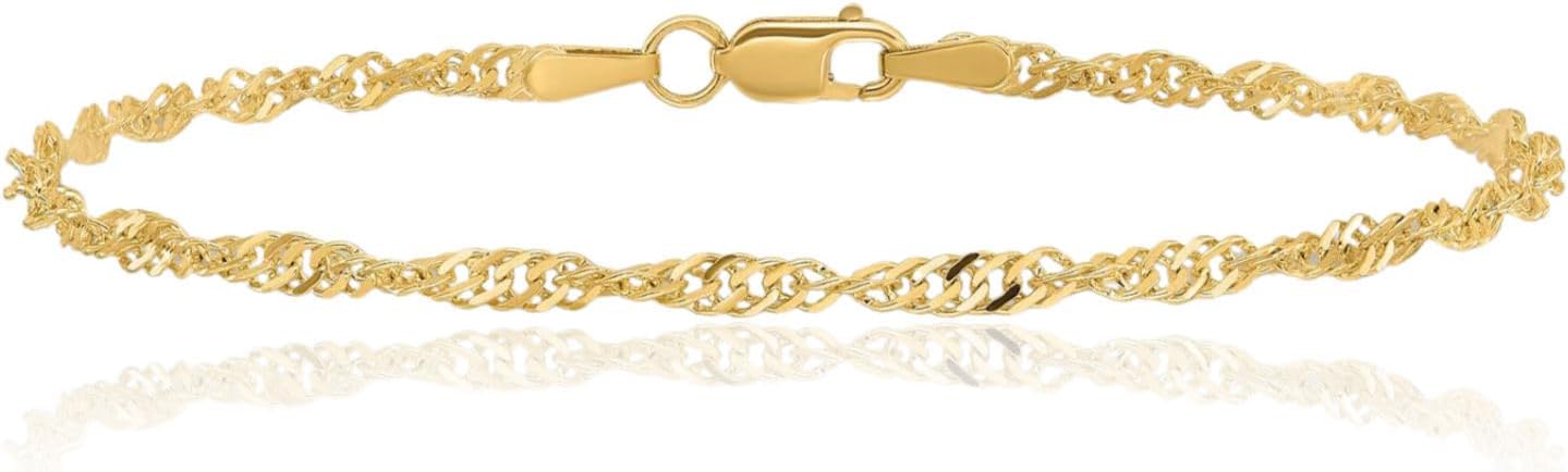 IceCarats 14K Solid Yellow Gold 1.6mm Thin Singapore Chain Bracelet Anklet Diamond Cut, Twisted