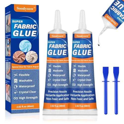 Soodyoow 2PCS Colla Tessuto, 60ML Colla per Tessuti Resistente ai Lavaggi e Impermeabile per Cotone, Flanella, Denim, Poliestere e Riparazione di Bambole