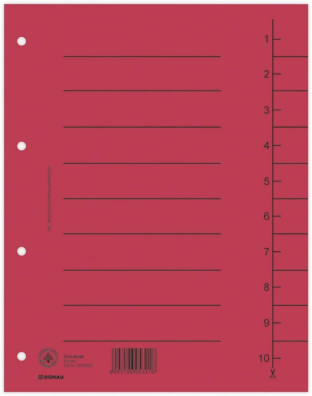 Dividers DONAU Cardboard A4 235x300mm 1-10 10 Sheets Red/Document Archiving/Type-A4 / Kind-with a Description Card/Index-10-I/Material-Cardboard/Colour-Red/Format-A4