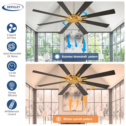 Image of Depuley Ceiling Fan Without Light: 72 Inch Big Indoor Outdoor Fan with Remote APP Control - Bronze Walnut Large Ceiling Fan no Light 8 Blade Reversible Quiet DC Motor Memory Function Timer