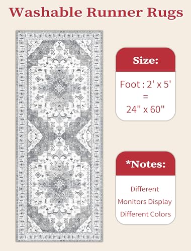 SERISSA Boho Washable Runner Rug, 2x5 Rug Runner Non-Slip Vintage Grey Hallway Kitchen Runner Rug Ultra Soft Print Distressed Floor Carpet Runner for Bedroom Bathroom Laundry Living Room