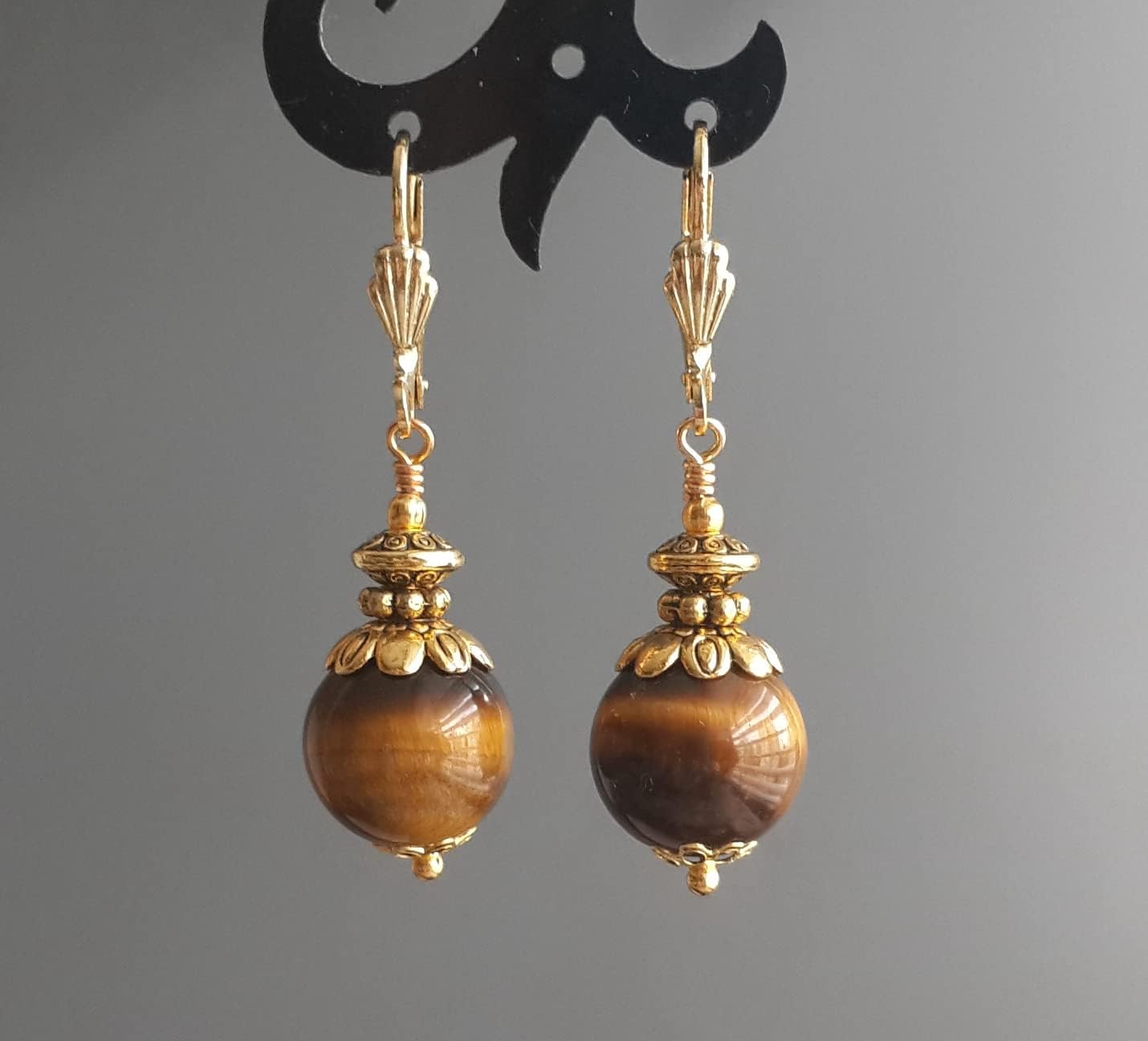 Tiger Eye Earrings Handmade Jewelry for Women Natural Gemstone Round Gold Plated Lever Backs in Gift Box