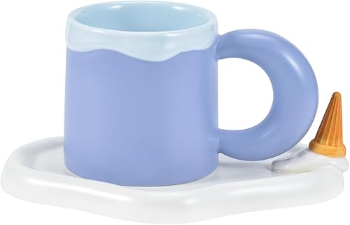 Koythin Taza de café de cerámica con platillo, lindo platillo de taza de helado para oficina y hogar, apto para lavavajillas y microondas, 13.5