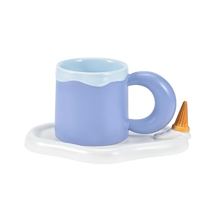 Koythin Ceramic Coffee Mug with Saucer Set, Cute Ice Cream Cup Saucer for Office and Home, Dishwasher and Microwave Safe, 13.5 oz/400 ml for Latte Tea Milk (Purple)