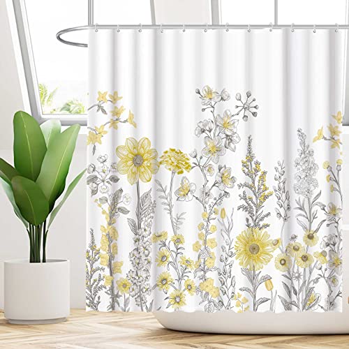 Funnytree Yellow And Gray Floral Shower Curtain For Bathroom Set Elegant Botanical Boho Flower Leaves Home Bath Bathtub Decorations Decor Durable Machine Washable With 12 Hooks 72" X 72" #TOP1