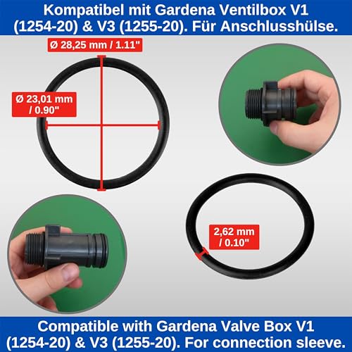 Ersatz O-Ringe Set, 12 Stück, für Anschlusshülse von Ventilbox, kompatibel mit Gardena V1 bis V3 Ventil Box, 1254-20, 1255-20, aus Silikon, Ø 28,25 x 2,62 mm, Ersatzteil Dichtring für 01252-00.500.40