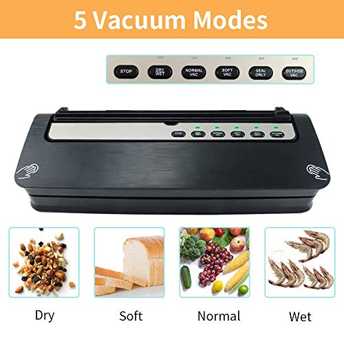 Vacuum Sealer Machine, Food Vacuum Sealer Machine, Automatic Air Sealing System for Food Preservation, Built-in Cutter, Better Sealability w/ 2 Heating Wires, Dry and Wet Modes, 18 Vacuum Sealer Bags, Black
