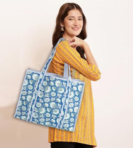 Image of Cotton Tiger Block Print Tote Bag, Indian Handmade Shopping Shoulder Bag, Unisex Market Daily Use