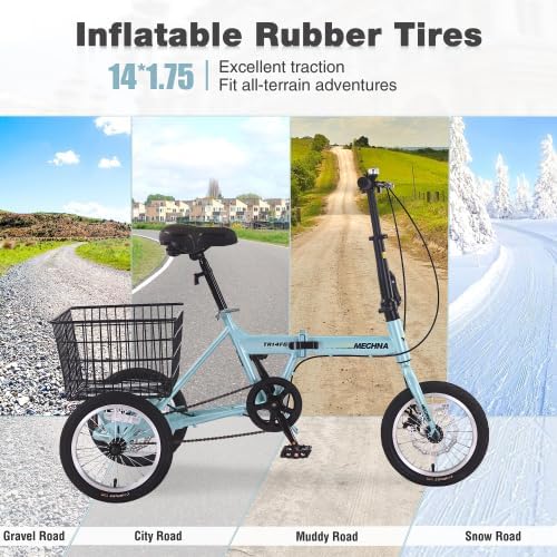 Folding Tricycle for Adults, 14 Inch 3 Wheel Bikes for Adults with Basket, 95% Pre-Assembled Collapsible Steel Frame 200 LBS Capacity