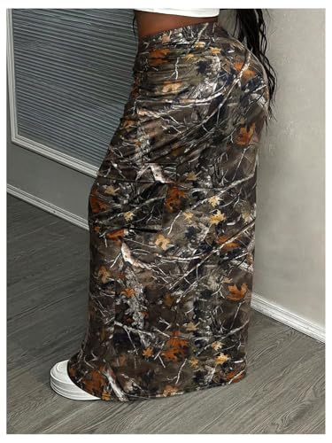 WDIRARA Women's Camo Print Maxi Cargo Skirt Elastic High Waisted Bodycon Skirts with Pockets2