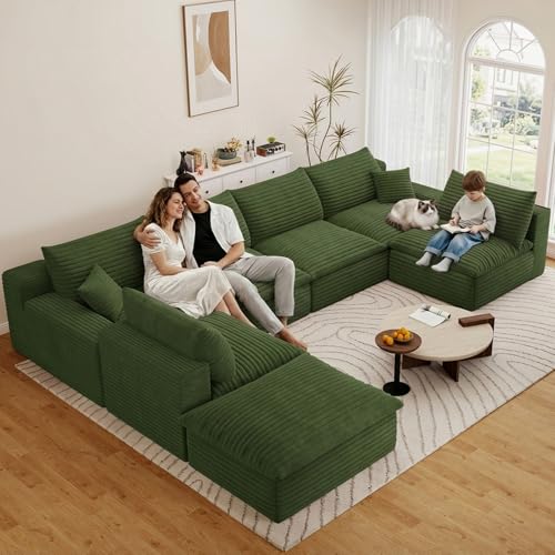 Image of 136 inch Cloud Couch Modular Sectional Sofa for Living Room, U-Shape Boneless Couch with Deep Seat, Modern Corduroy 6-Seater with Ottoman, No Assembly Required, Green