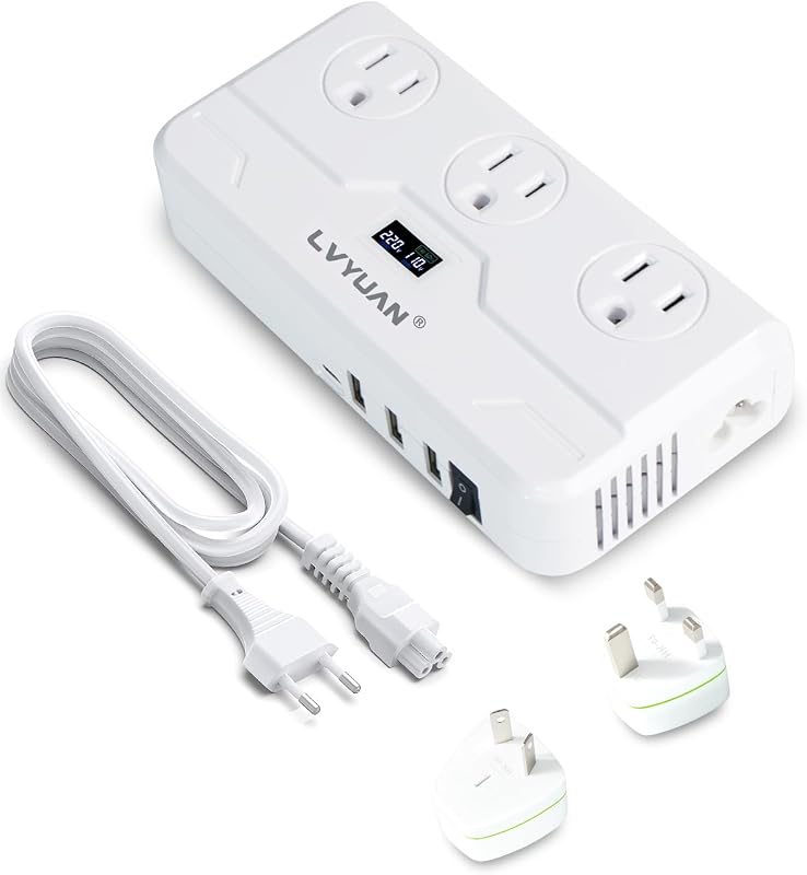220V to 110V Voltage Converter with LCD Display, LVYUAN Universal Travel Adapter with UK/EU/AU Power Plug Adapter, Step Down Transformer for Hair Straightener Curling Iron CPAP (White)