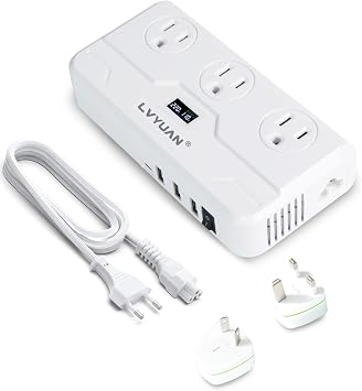 220V to 110V Voltage Converter with LCD Display, LVYUAN Universal Travel Adapter with UK/EU/AU Power Plug Adapter, Step Down Transformer for Hair Straightener Curling Iron CPAP White