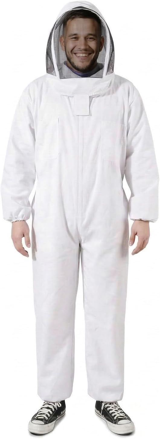 Flexzion Beekeeper Suit - Full Body Sting Proof Bee Suit with Ventilated Veil Hood - Protective Bee Suits for Men Women Outfit - Beginner & Professional Bee Keepers, XL White