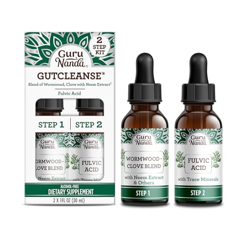 GuruNanda Gutcleanse 2-Step Kit - Dietary Supplement to Help with Digestion - Blend of Fulvic Acid Wormwood Clove & Neem Extract 2x1 FlOz
