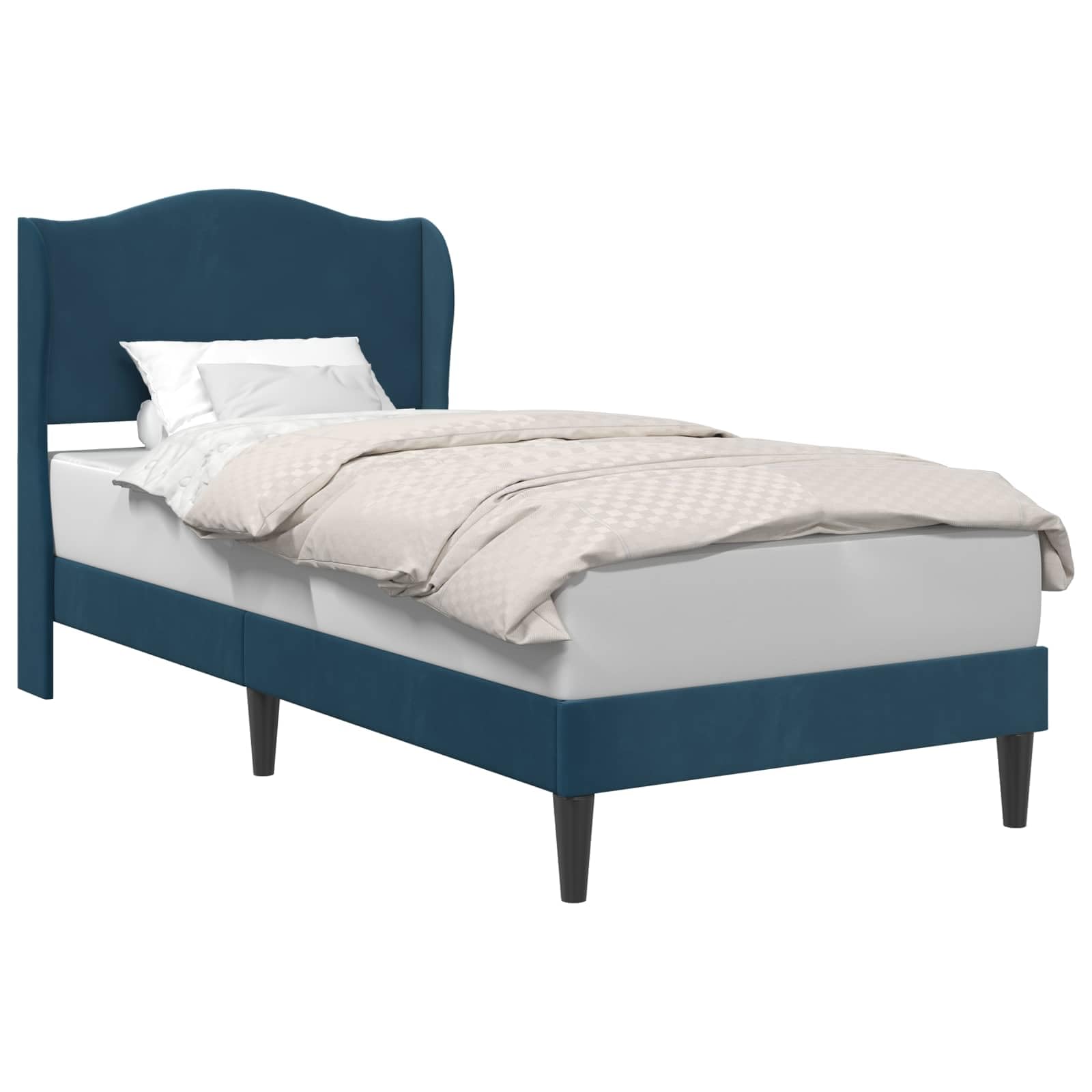 Rama de cama con cabecero azul 100 x 200 cm terciopelo moderno estructura somier fijo patas cónicas soporte 140 kg dormitorio elegante