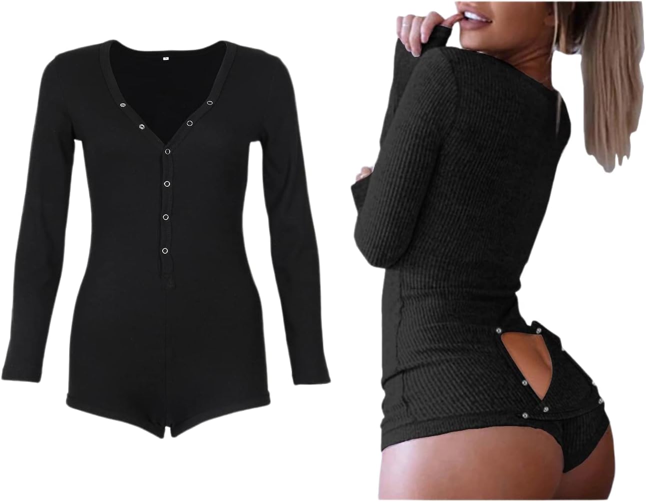 Women's Sexy Deep V Neck Shorts Long Sleeve Knitted One Piece Bodysuit Sexy Pajama Onesie Bodycon Rompers Overall