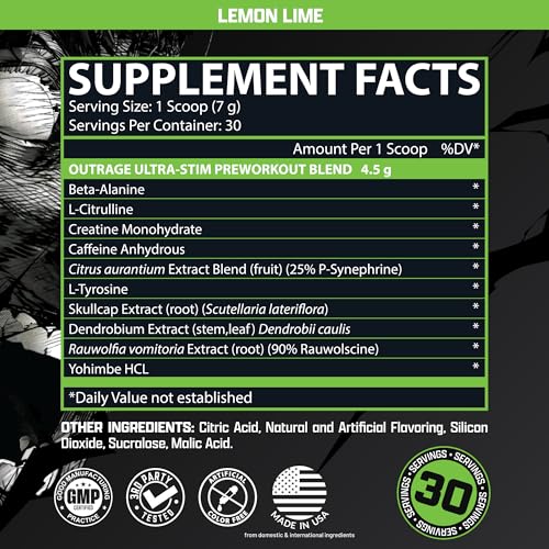 Image of Outrage Ultra HIGH STIM Pre-Workout Powder for Men | 400mg Caffeine, L-Citrulline, Beta-Alanine, Creatine | Extreme Energy, Focus, Strength & Endurance (30 Servings, Lemon Lime)