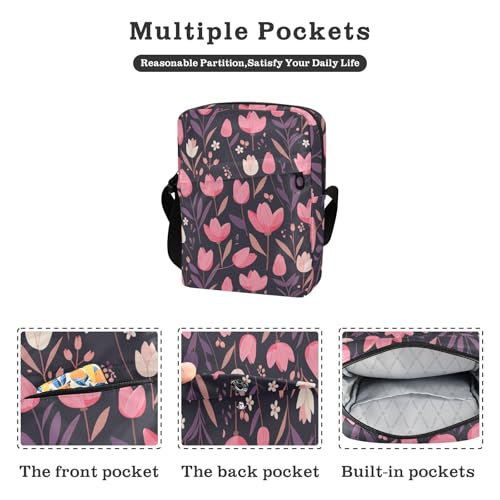 KLL Pink Flower Purple Leaves Flat Illustration Style small messenger bag for women Vegan Leather shoulder bag crossbody Shopping Shoulder Handbags2