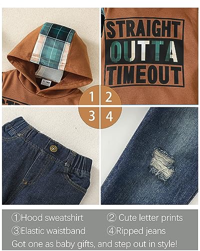 Image of Toddler Boy Clothes Baby Boy Outfit Letter Prints Hoodies Top Ripped Jeans Cute Boys Clothing Set Fall Winter