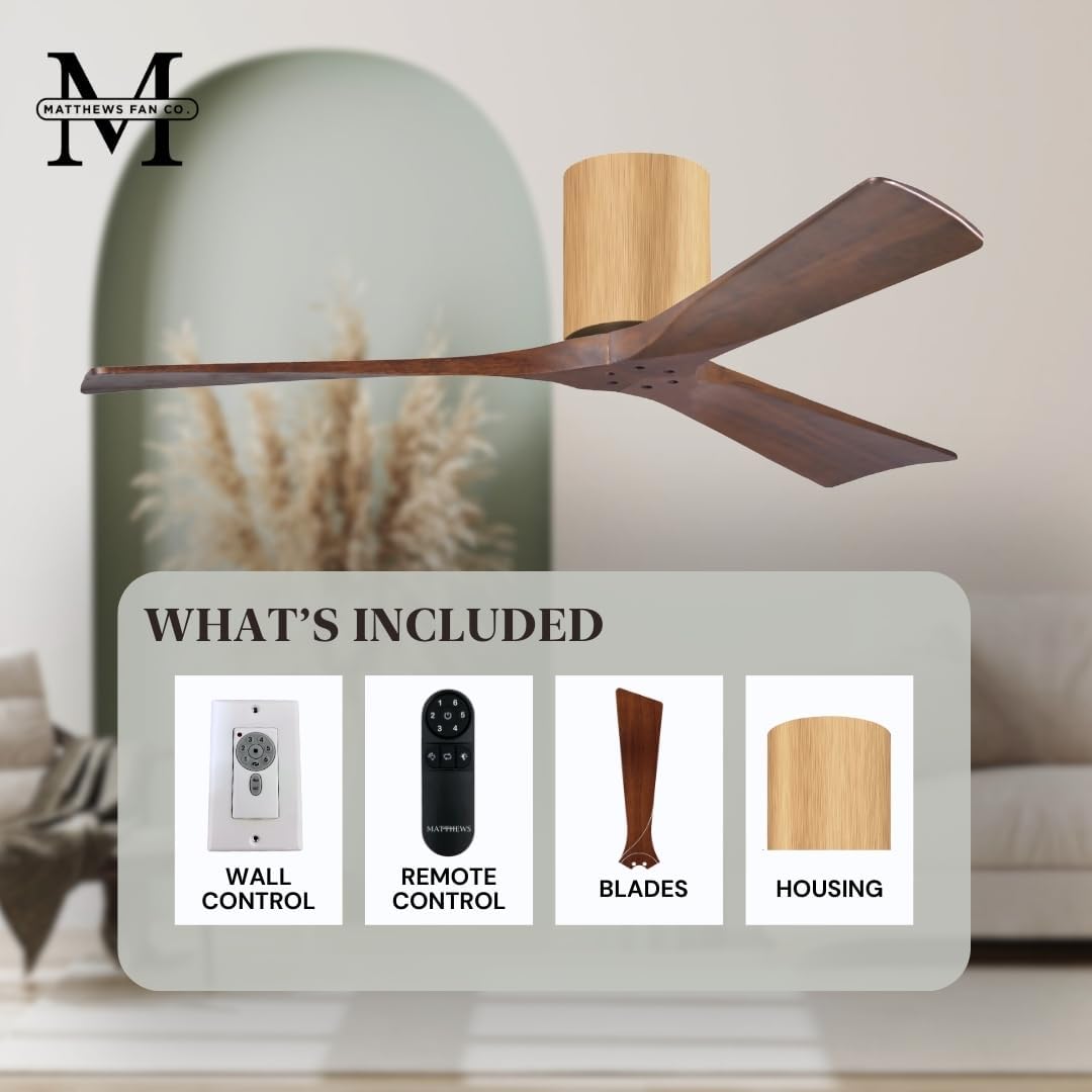 Matthews IR3H-LM-WA-52 Irene Damp Rated Flush Mount 52" Ceiling Fan with Remote & Wall Control, Silent DC Motor, 3 Walnut Tone Solid Wood Blades, Light Maple Tone