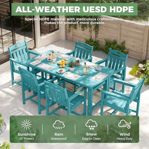 Image of HDPE Outdoor Dining Set, Patio Table and Chairs Set, All-Weather 7-Piece Outside Table and 6 Chairs, 2 inch Umbrella Hole, Outdoor Furniture for Garden, Poolside, Backyard, Deck | Lake Blue