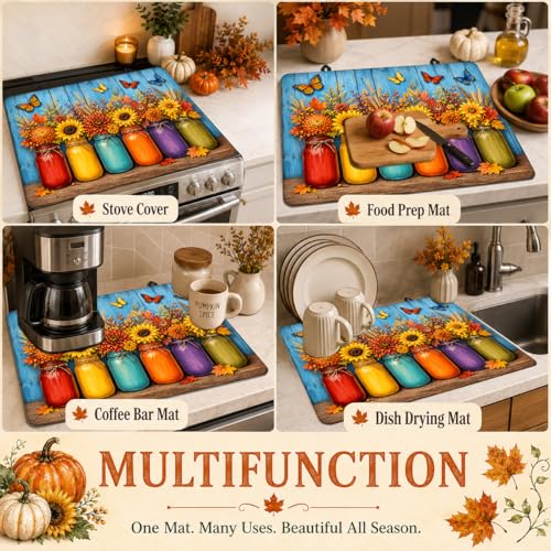 Image of Stove Top Cover for Electric Stove 28 inchx 20 inch, Fall Floral Mason Jar Garden With Butterflies Glass Top Stove Cover Protector, Glass Cooktop Covers, Kitchen Flat Electric Stove Top Covers
