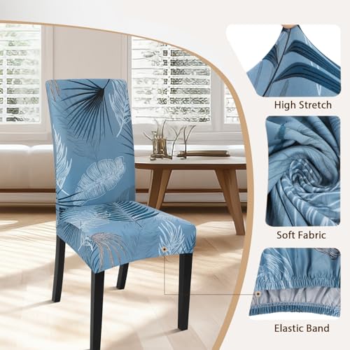 Image of SearchI Summer Pattern Dining Room Chair Covers Set of 4, Stretch Printed Parsons Chair Slipcovers Spandex Removable Washable Kitchen Chair Protector Cover for Dining Room, Hotel, Ceremony (Blue)
