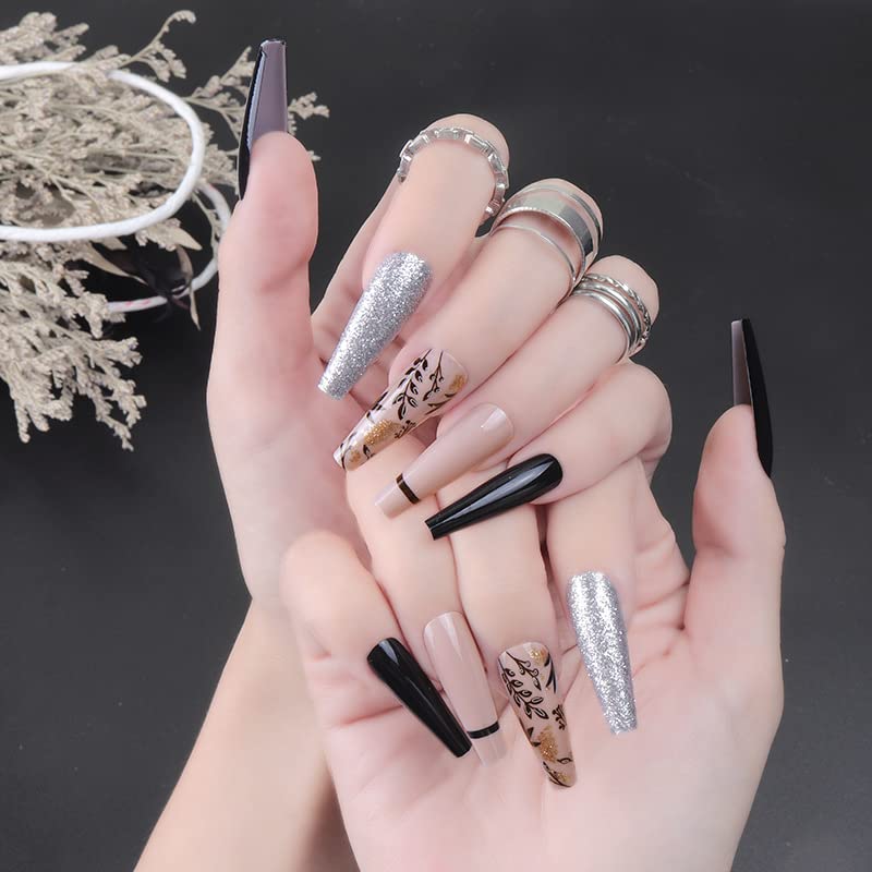 Secret Lives® acrylic press on nails designer artifical nails extension nude & black color silver glitter design 24 pieces set with glue sheet