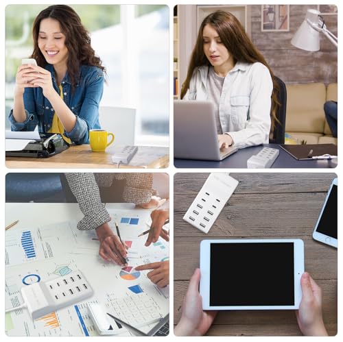 USB Charging Station with 6 USB-A and 4 USB-C Ports, 50W 10A USB Charger Block for Smart Phone, Tablet, Laptop, Multiple Devices - USB Power Strip with Auto-Detect Technology