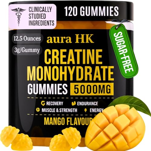 Sugar Free Creatine Monohydrate Gummies 5000mg Per Serving, Mango Flavor, with Turmeric Root & Black Pepper, Vegan Creatine Gummies for Men & Women, 120 Gummies, 30 Servings Creatine Gummies 5g