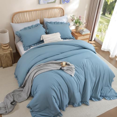 Image of JANZAA Mineral Blue Comforter Set Twin - Soft Microfiber, Lightweight All Season Bedding, Ruffle Shabby Chic Aesthetic, Breathable Cozy Bed Set with 1 Pillow Shams, Machine Washable