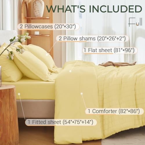 Image of MUXHOMO 7 Pieces Full Comforter Set, Seersucker Bed in a Bag Full Size, All Season Luxury Bedding Set with Comforter, Flat Sheet, Fitted Sheet, Pillowcases & Shams, Yellow