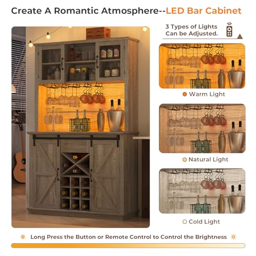 Farmhousecoffeebarcabinetwithstoragekitchenbarcabinetwithslidingbarndoorledlightspowerstripcoffeebarcabinettallhomebarfordiningroomgraywalnutcolor  Urban Country Home Decor Farmhouse coffee bar cabinet with storage kitchen bar cabinet with sliding barn door led lights power strip coffee bar cabinet tall home bar for dining room graywalnut color  urban country home decor
