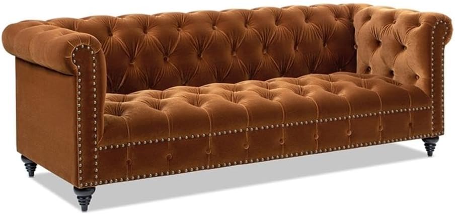 Pemberly Row 88" Tufted Chesterfield Sofa, Burnt Orange Velvet Upholstery, Solid Wood Frame, Rolled Shelter Arms, Button Tufting, Antique Brass Nailhead Accents, Transitional Living Room Seating