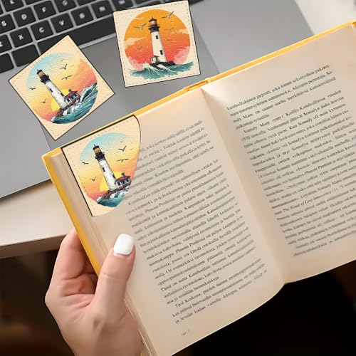 Image of 2Pcs Lighthouse Ocean Corner Bookmarks, Handmade PU Leather Page Corner Protectors, Vintage Sea Art Stationery Gift for Women, Teachers, Students, Summer Reading Accessories 3.54 x 3.54