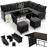 Juskys Polyrattan Lounge Manacor mit Ecksofa, Esstisch, 2 Hocker & Kissen - wetterfest bis 7 Personen - Bezüge waschbar - Rattan Garten Sitzgruppe Gartenlounge Gartenmöbel Set - Schwarz/Grau