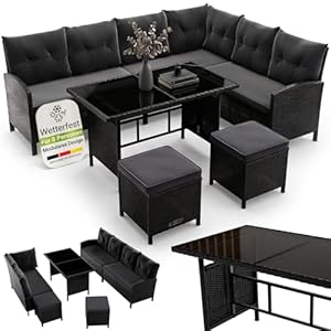 Juskys Polyrattan Lounge Manacor mit Ecksofa, Esstisch, 2 Hocker & Kissen - wetterfest bis 7 Personen - Bezüge waschbar - Rattan Garten Sitzgruppe Gartenlounge Gartenmöbel Set - Schwarz/Grau