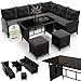 Juskys Polyrattan Lounge Manacor mit Ecksofa, Esstisch, 2 Hocker & Kissen - wetterfest bis 7 Personen - Bezüge waschbar - Rattan Garten Sitzgruppe Gartenlounge Gartenmöbel Set - Schwarz/Grau
