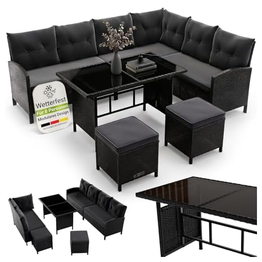 Juskys Polyrattan Lounge Manacor mit Ecksofa, Esstisch, 2 Hocker & Kissen - wetterfest bis 7 Personen - Bezüge waschbar - Rattan Garten Sitzgruppe Gartenlounge Gartenmöbel Set - Schwarz/Grau
