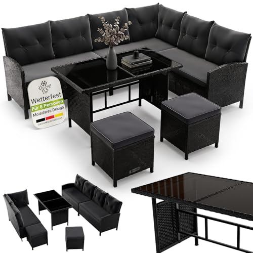 Juskys Polyrattan Lounge Manacor mit Ecksofa, Esstisch, 2 Hocker...