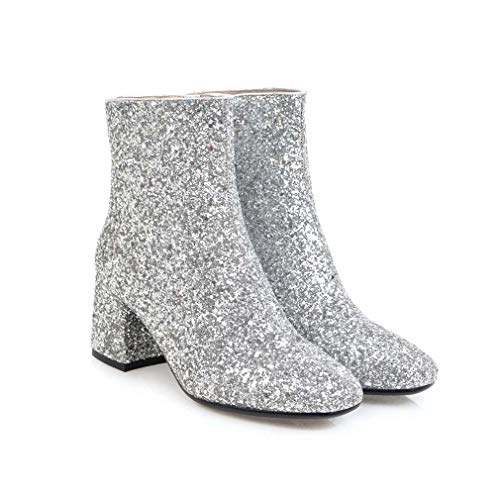 Elyffany Womens Mid Block Heel Glitter Ankle Boots Ladies Zipper Party Prom Booties2