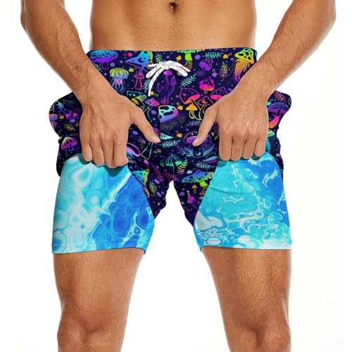 Mens Swim Trunks 2 in 1 Pattern 5 Inch Swimming Beach Shorts Casual Summer Board Shorts with Pockets4